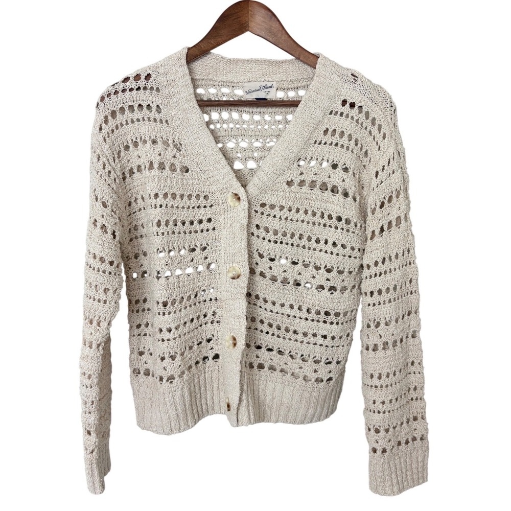 Crochet Cardigan Women XS Cream Open Knit Button Front Sweater Cabincore Prairie